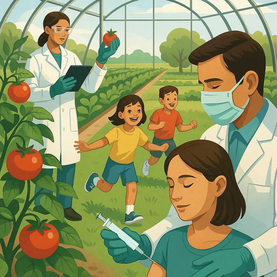 Illustration of a genetic future: a scientist with a tablet inspecting gene-edited tomatoes in a greenhouse, healthy children running through a green field, and a doctor giving a patient a gene therapy injection